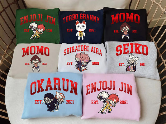 Anime Sweatshirt, Dandadan Chibi Character Jumper, Okarun Momo Seiko Enjoji Jin Pullover