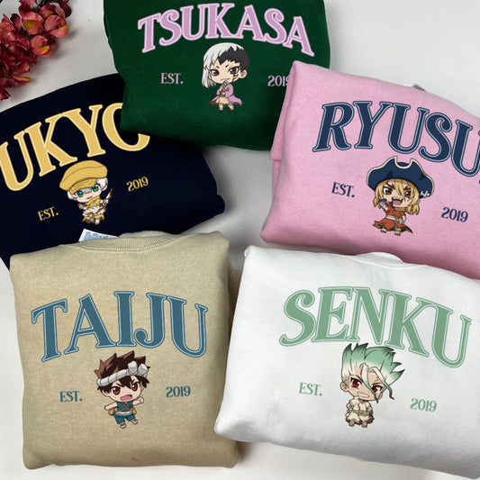 Anime Dr. Stone Sweatshirt, Senku Tsukasa Taiju Ukyo Ryusui Chibi Character Jumper