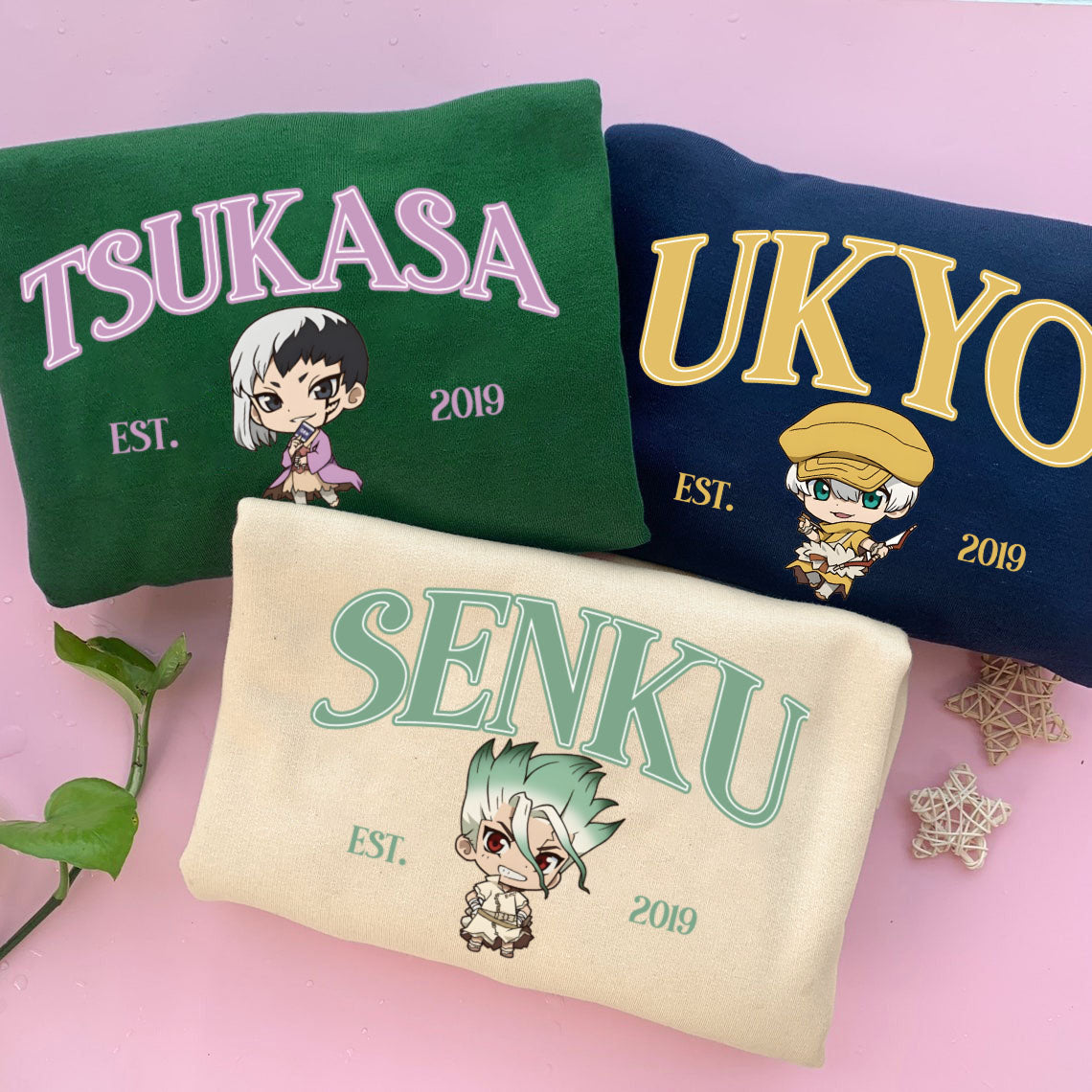 Anime Dr. Stone Sweatshirt, Senku Tsukasa Taiju Ukyo Ryusui Chibi Character Jumper