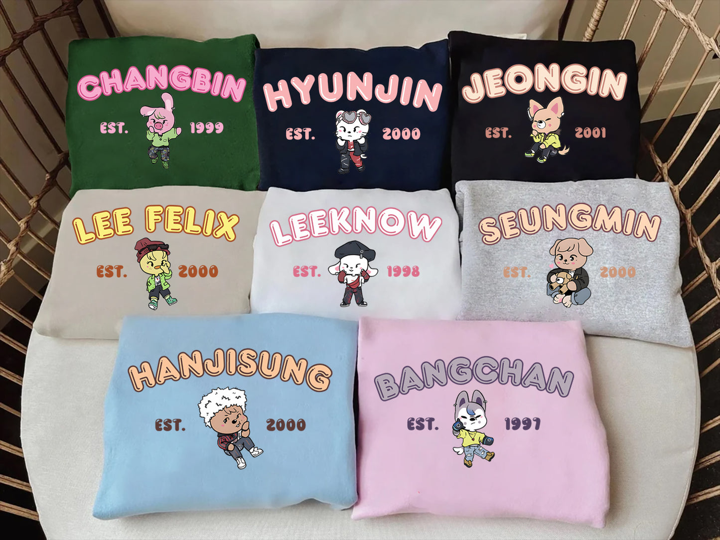Stray Kids Sweatshirt, SKZ Chibi Character Jumper - Changbin, Hyunjin, Jeongin, Felix, Bang Chan
