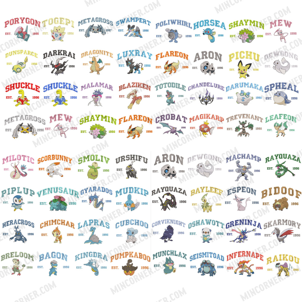 Complete Pokemon Est.1996 Varsity Embroidery Collection Grid Display