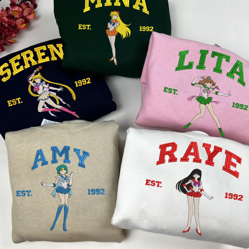 Sailor Scouts embroidered crewnecks: Serena, Amy, Raye, Lita, Mina