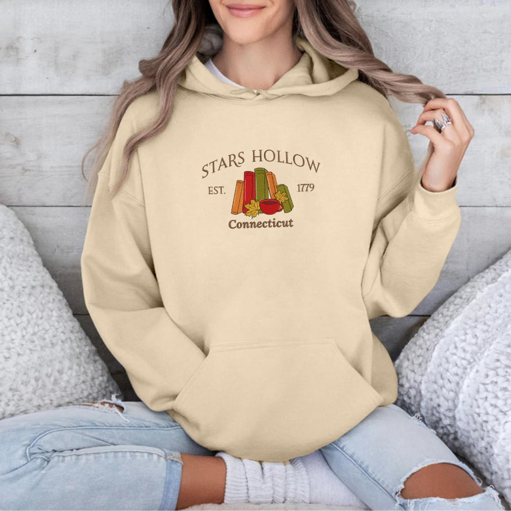 Sand Gilmore Girls autumn hoodie, cozy couch model styling