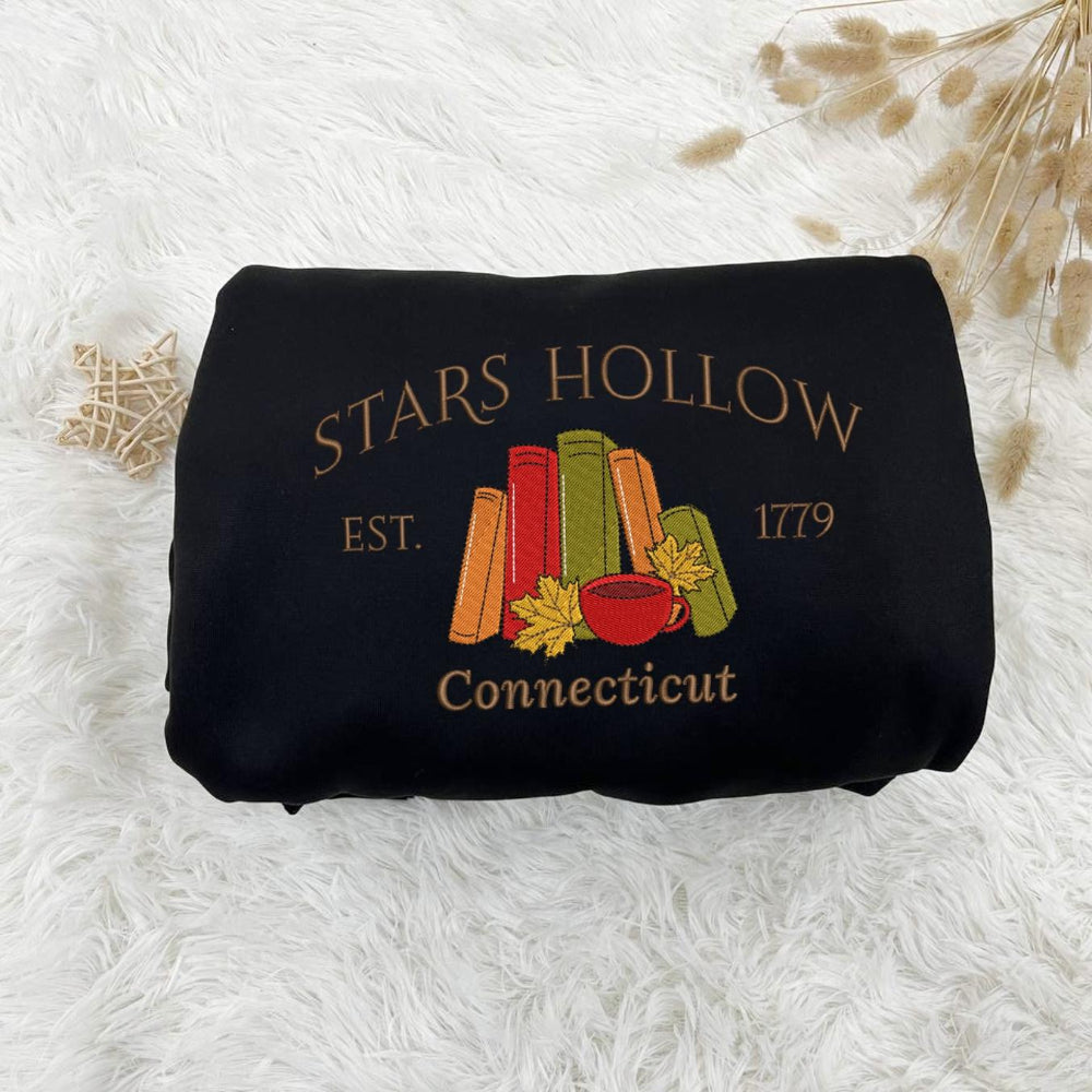 Black Stars Hollow Connecticut fall books embroidery on white fur