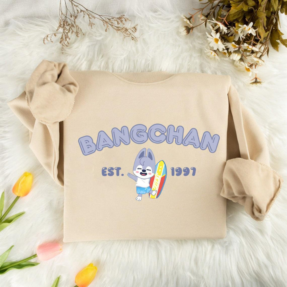 Sand BANGCHAN Est.1997 Wolf Chan surfing sweatshirt, floral background