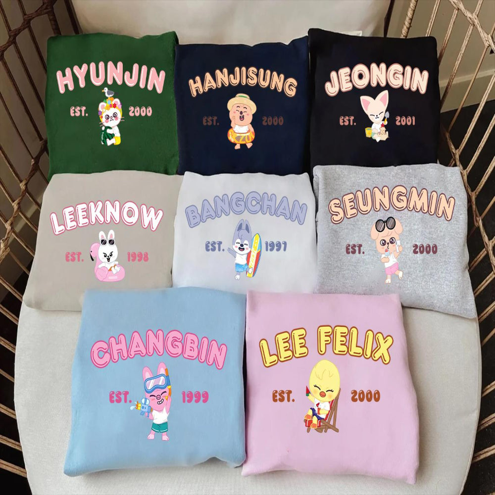 Full SKZOO summer vacation collection sweatshirts, all 8 members displayed