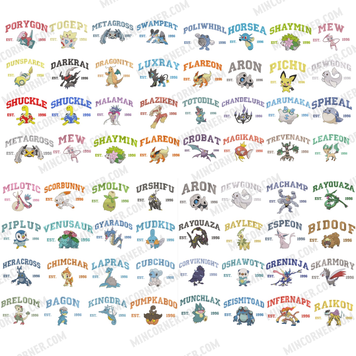 Pokemon embroidered design with multiple characters and names.