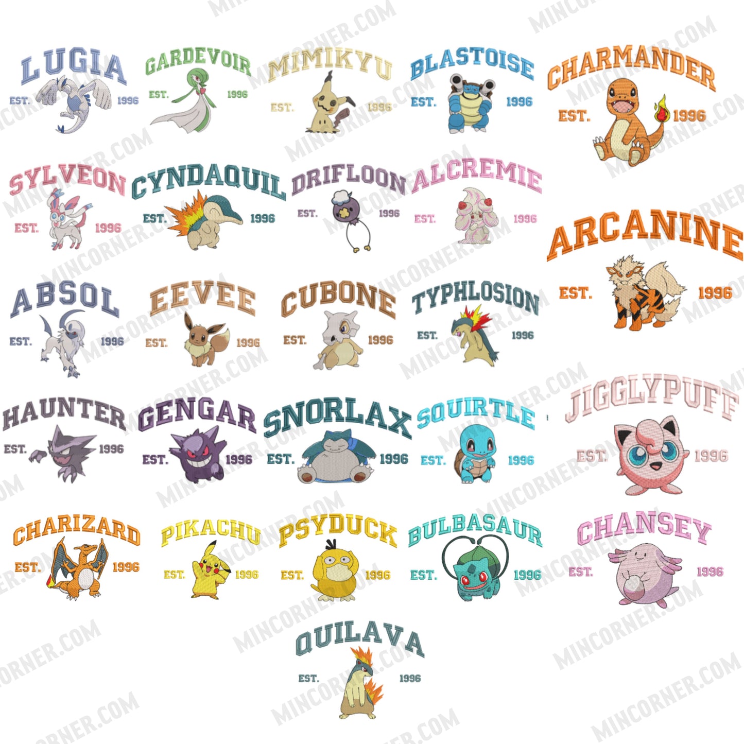 Pokemon embroidered design with multiple characters and names.
