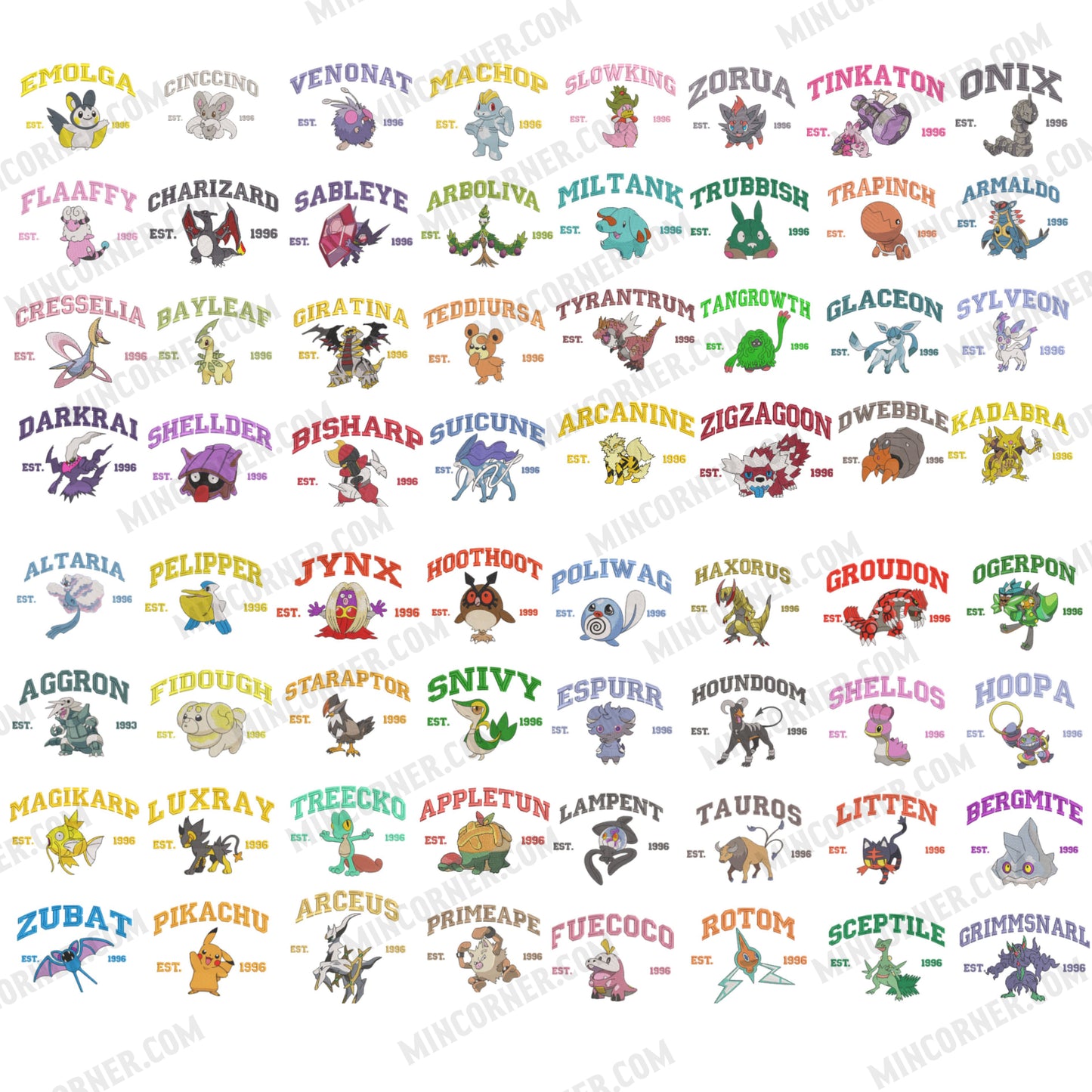 Pokemon embroidered design with multiple characters and names.