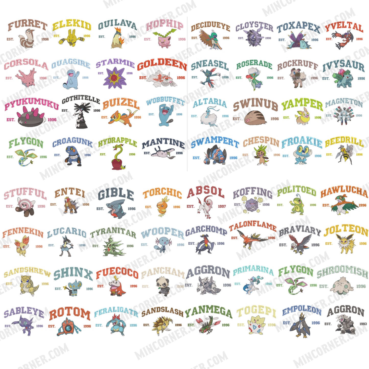 Pokemon embroidered design with multiple characters and names.