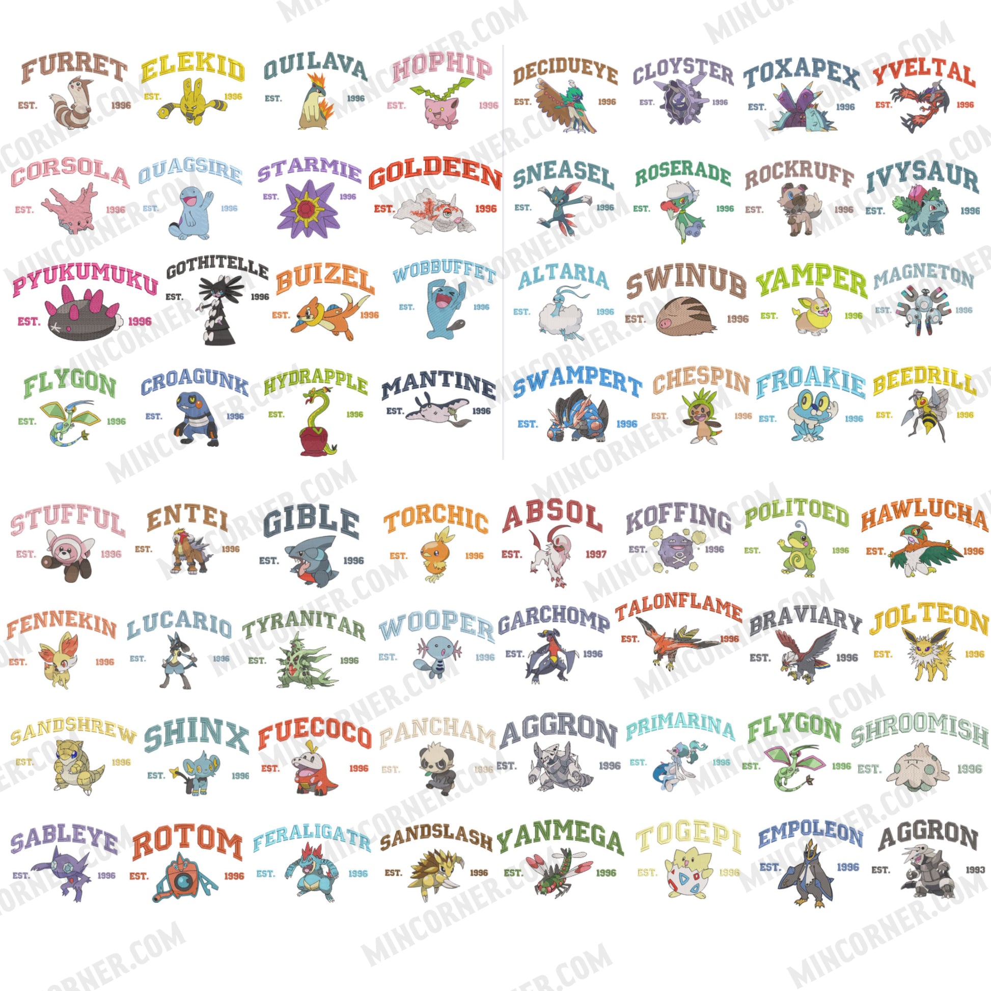 Pokemon embroidered design with multiple characters and names.