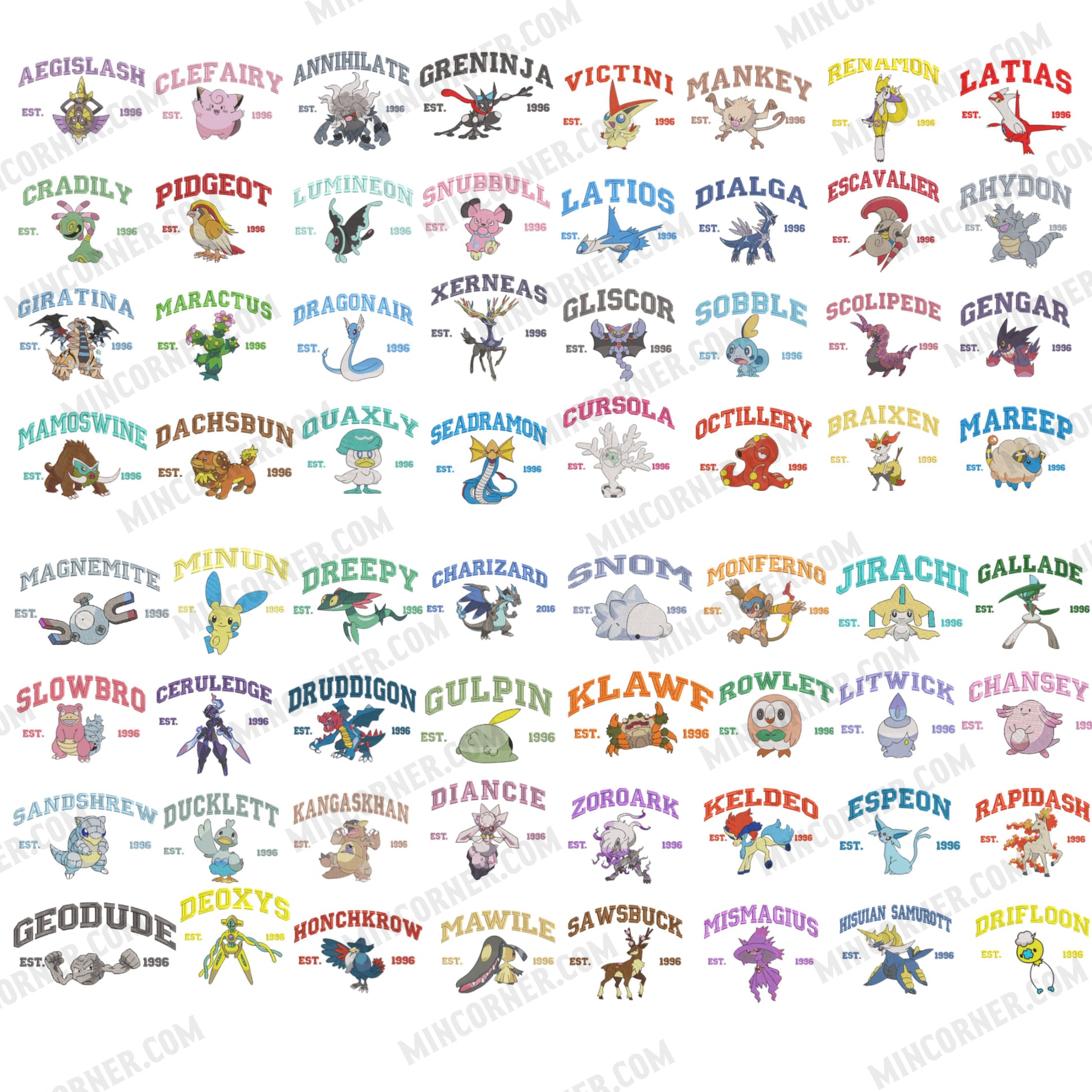 Pokemon embroidered design with multiple characters and names.