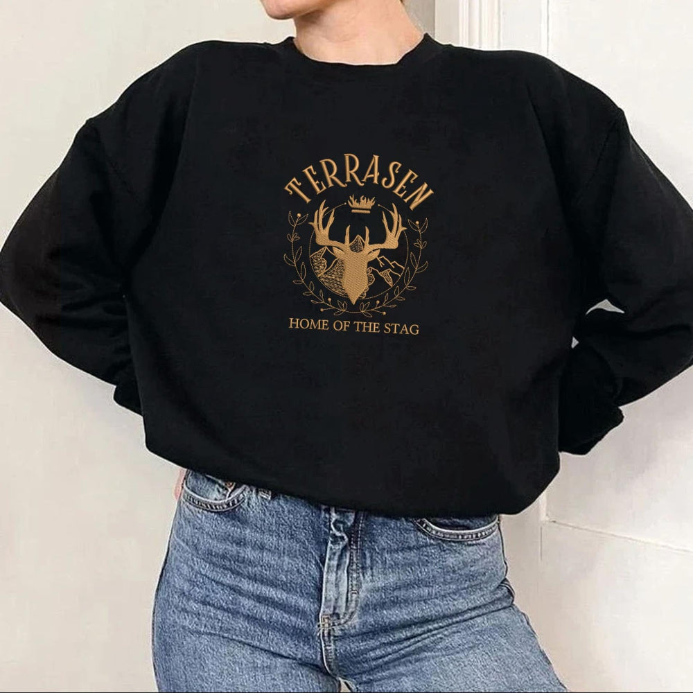 Black Terrasen stag crest sweatshirt, casual model styling
