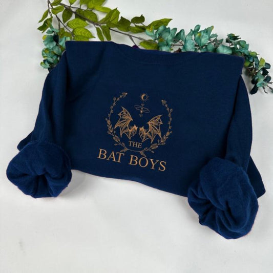 Navy The Bat Boys gothic crest sweatshirt with eucalyptus decor