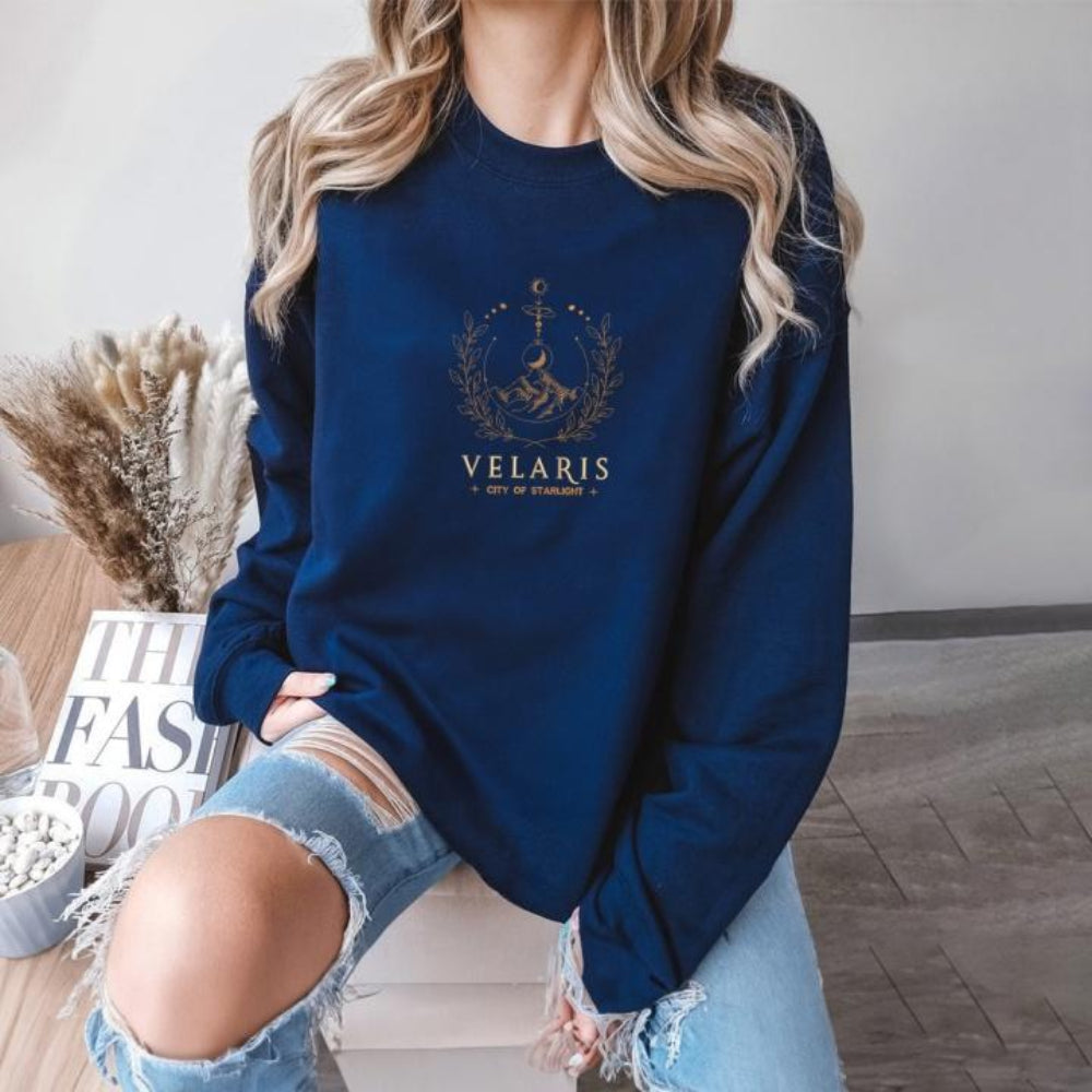 Navy Velaris celestial mountain embroidery, relaxed model with pampas