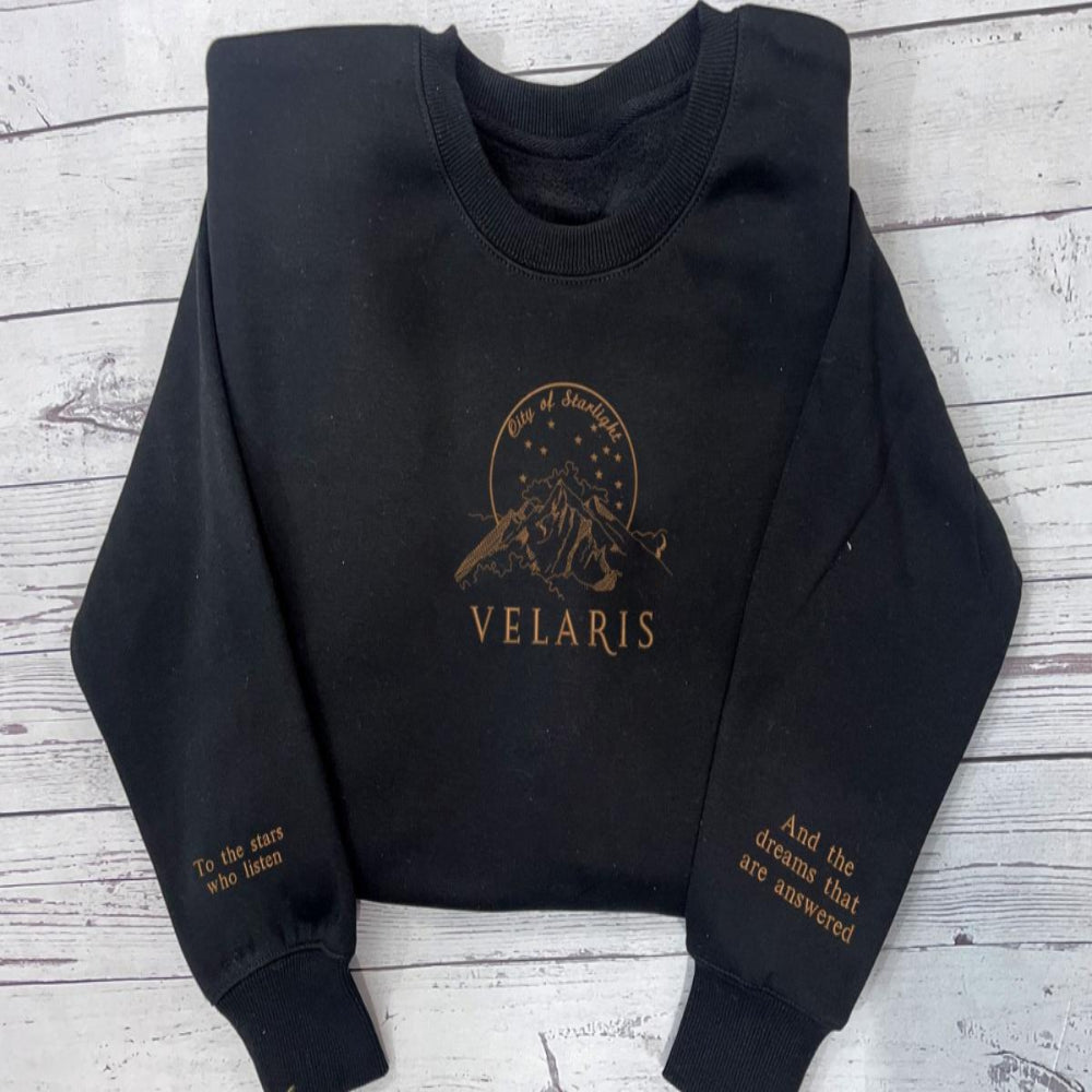 Black Velaris City of Starlight sweatshirt with sleeve quotes displayed
