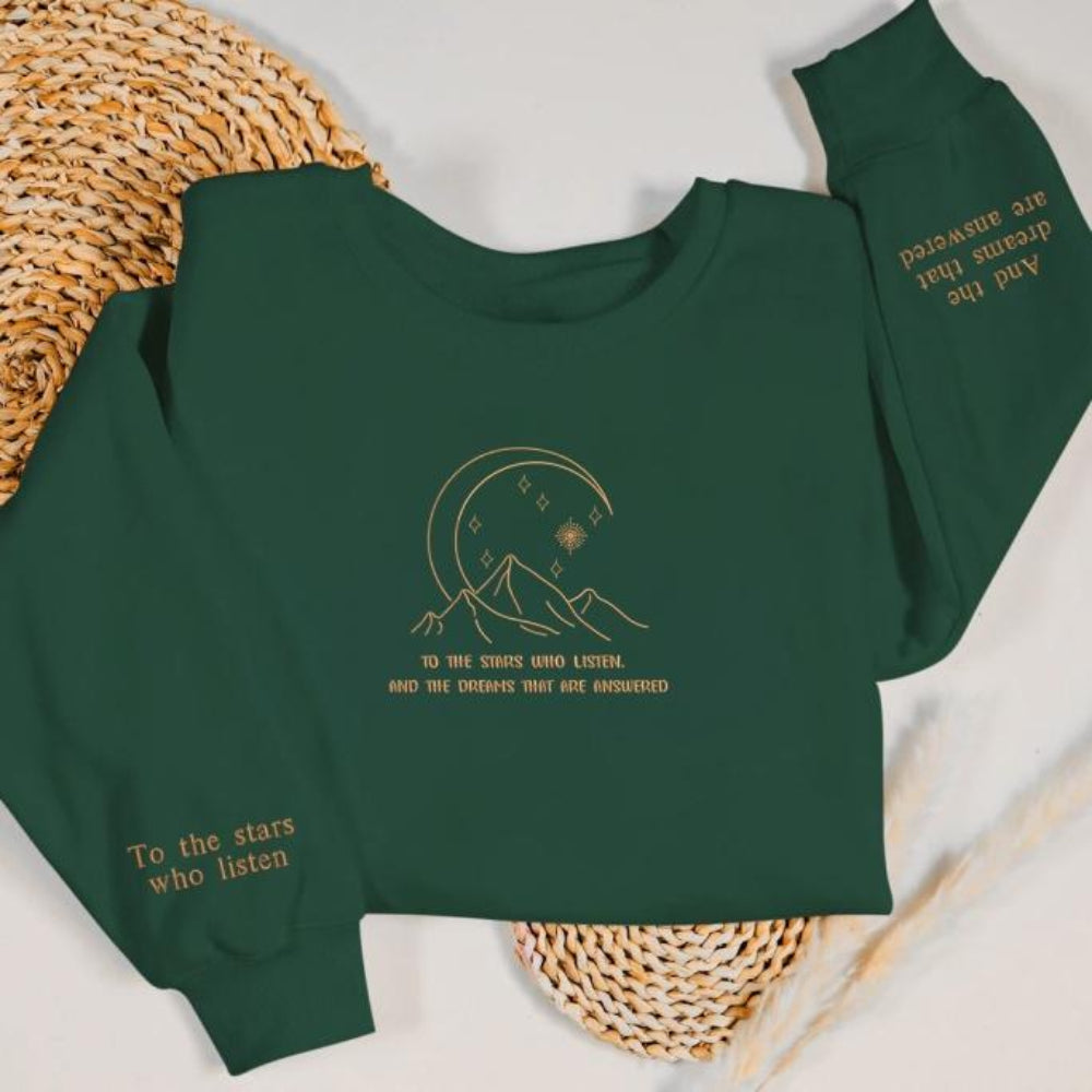Forest green Velaris stars quote sweatshirt with sleeve detail
