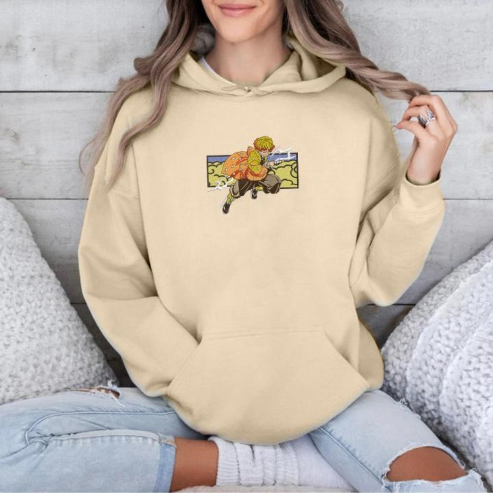 Sand Zenitsu Agatsuma lightning hoodie, cozy model indoor pose