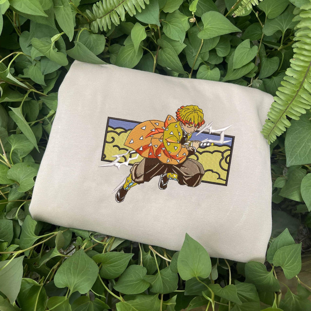 Zenitsu Demon Slayer crewneck, flat lay foliage background