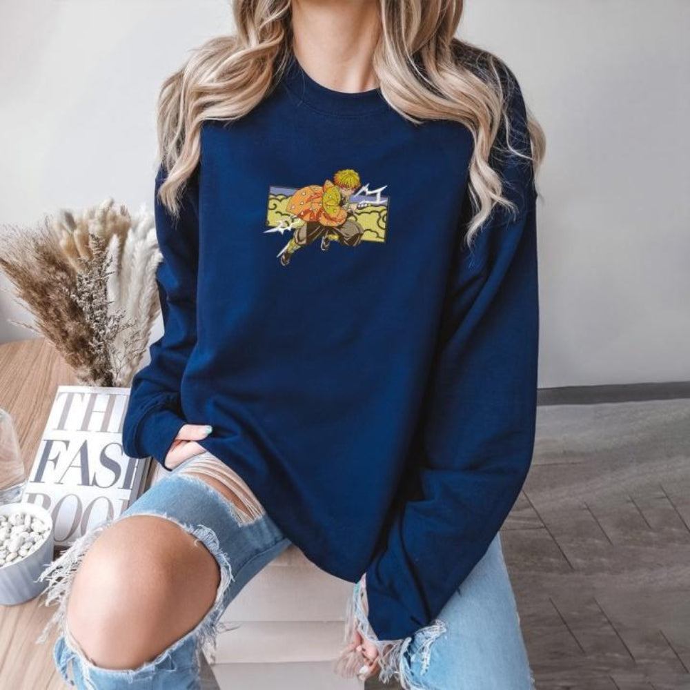 Navy Zenitsu Thunderclap Flash crewneck, relaxed model styling