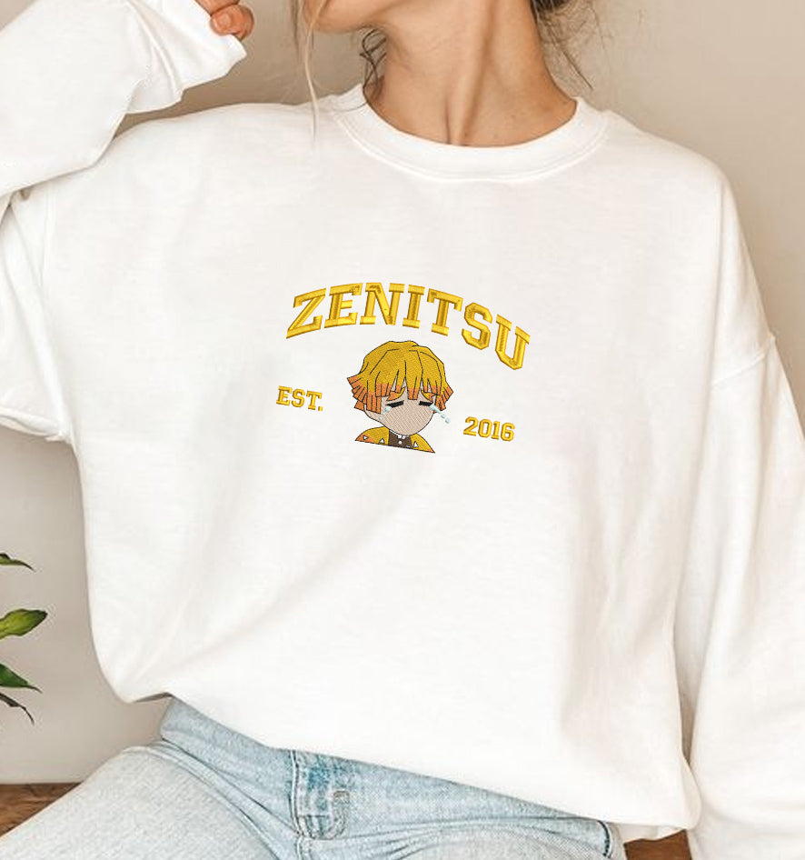 Zenitsu Satin Embroidery On White Sweatshirt
