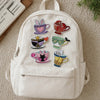 Canvas Backpack Adorned With Six Cute Teacup Embroidered Patches