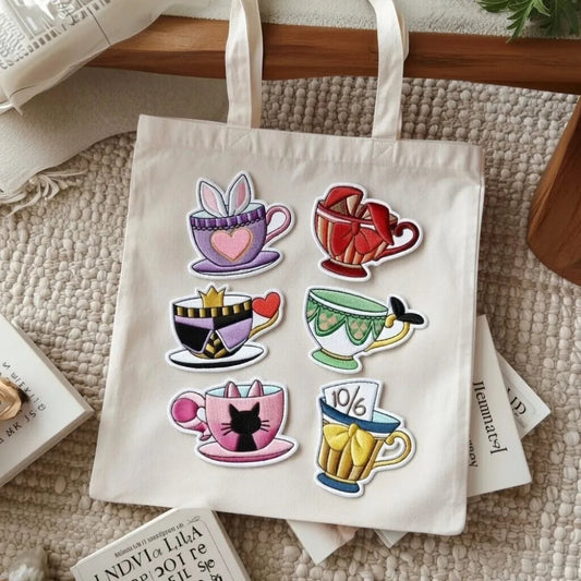 Tote Bag With Six Alice In Wonderland Teacup Embroidered Patches