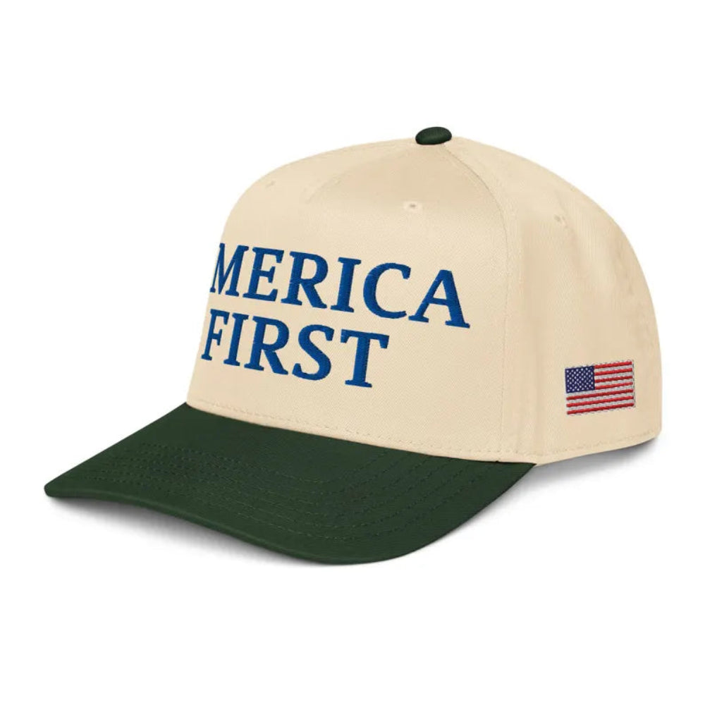 High-Quality 2Tone Cap Green Embroidered America First Soft Fit