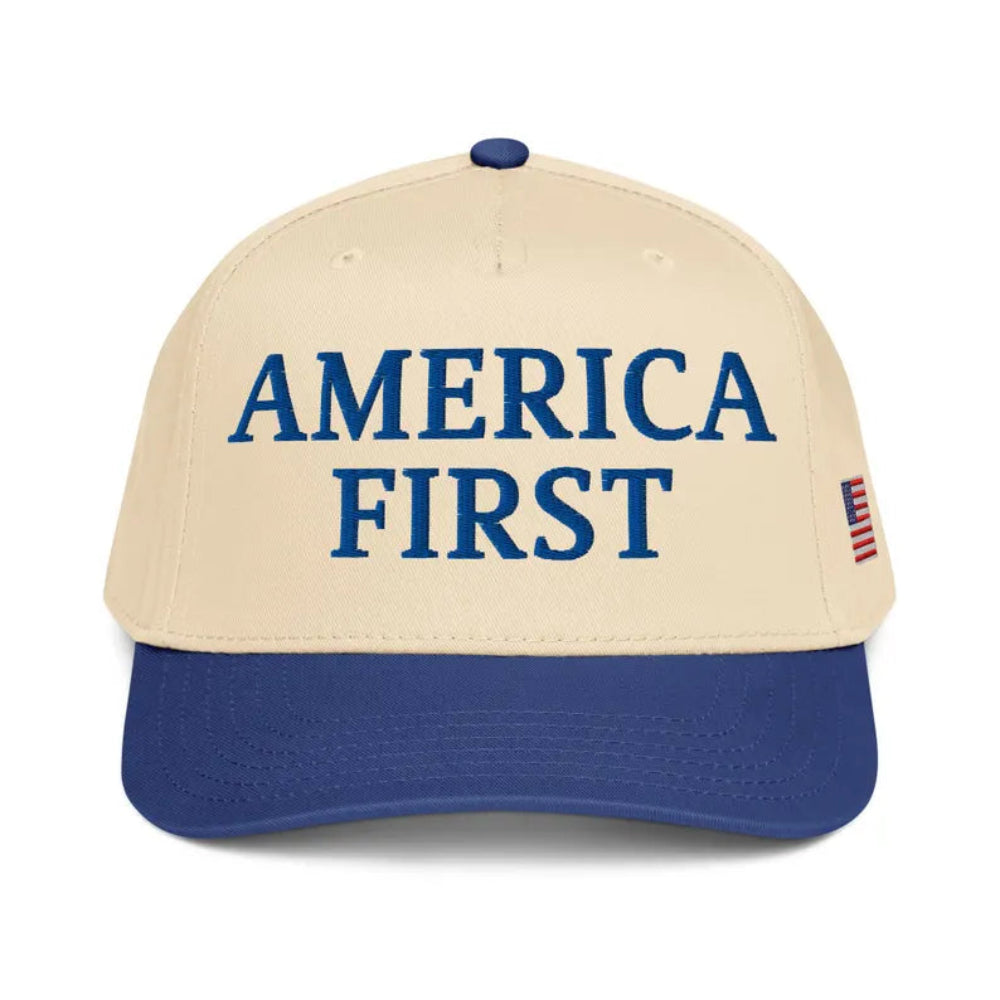 Bold America First Embroidered Cap Beige Navy 2Tone Soft Breathable
