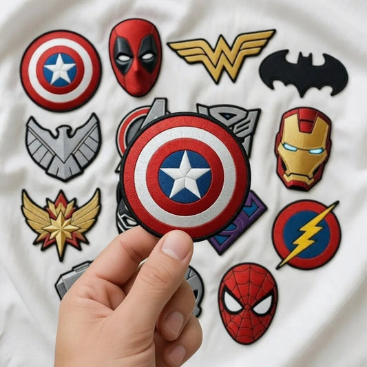 Hand Holding Captain America Shield Patch Above Collection Superhero Embroidered Patches
