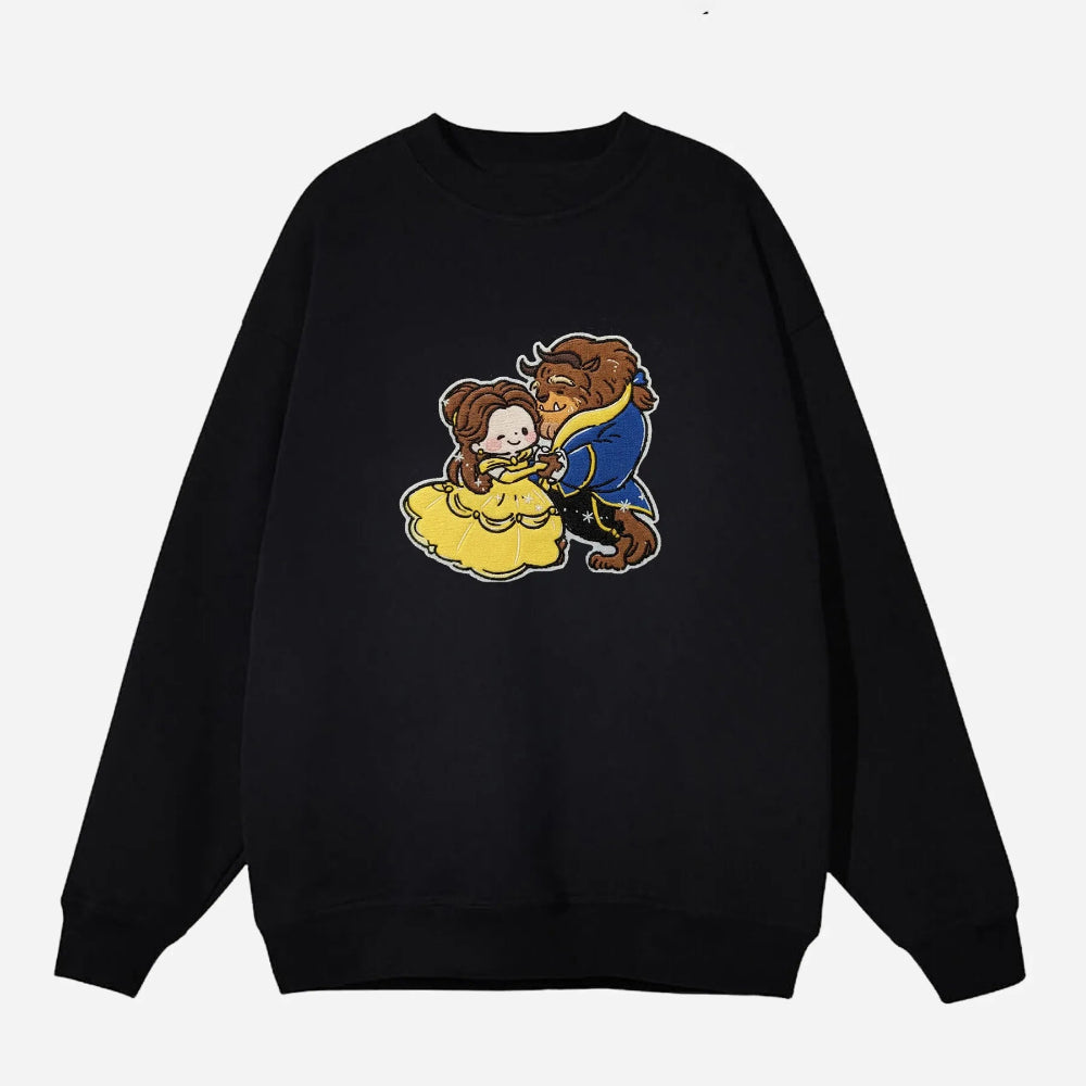 Black Oversized Sweatshirt Featuring Embroidered Chibi Belle And Beast Dancing
