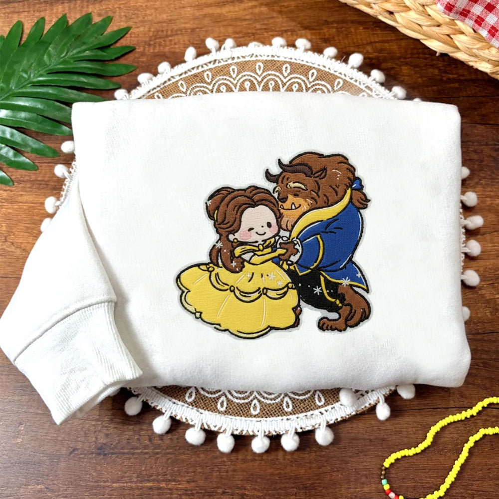 White Cropped Sweatshirt With Embroidered Chibi Belle And Beast