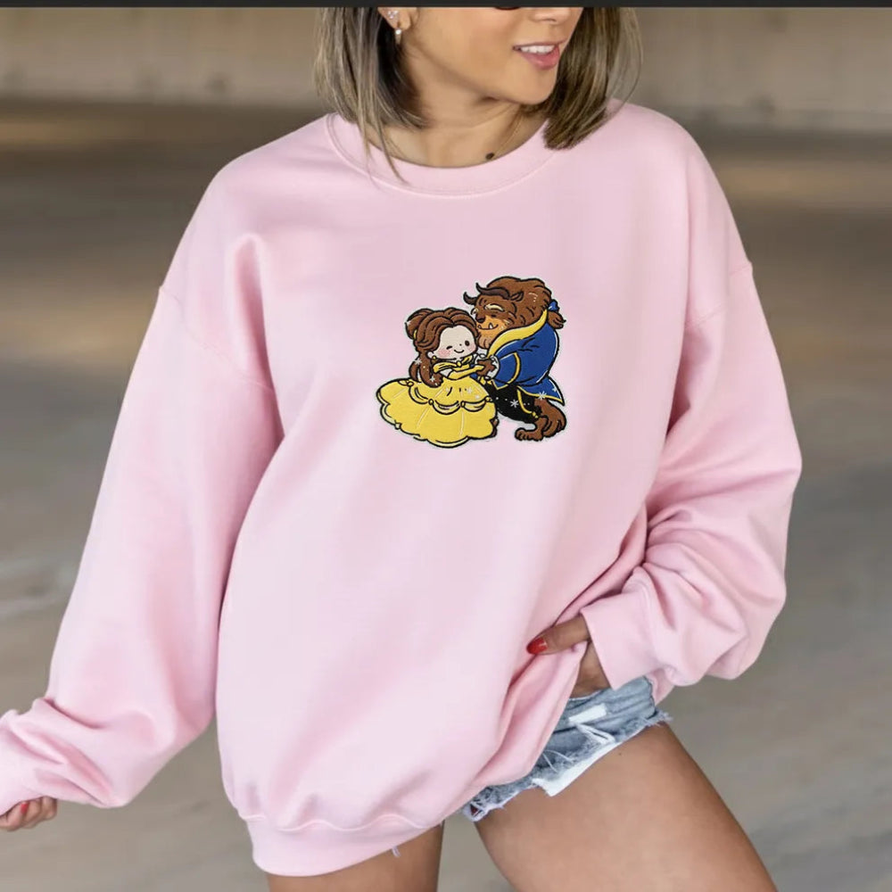 Pink Oversized Sweatshirt With Embroidered Chibi Belle And Beast Hug
