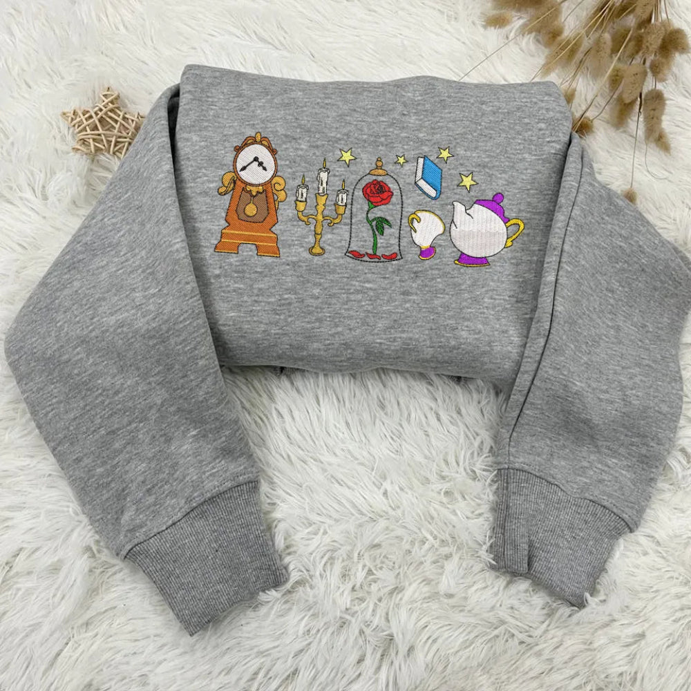 Gray Sweatshirt Beauty And The Beast Characters Embroidered Cropped Style.