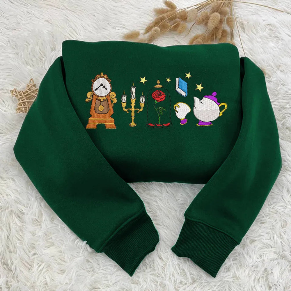 Sweatshirt Cogsworth Lumiere Rose Chip Mrs Potts Embroidered Folded.