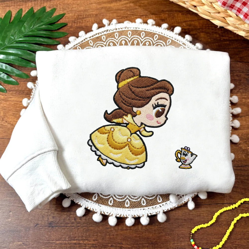 White Embroidered Sweater With Chibi Belle And Tiny Chip Graphic