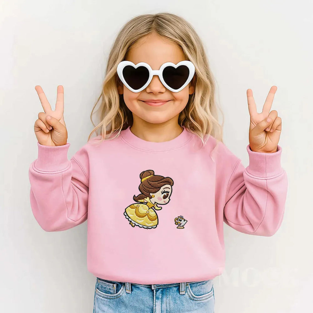 Pink Kids Sweatshirt Featuring Belle And Chip Character Embroidery Art