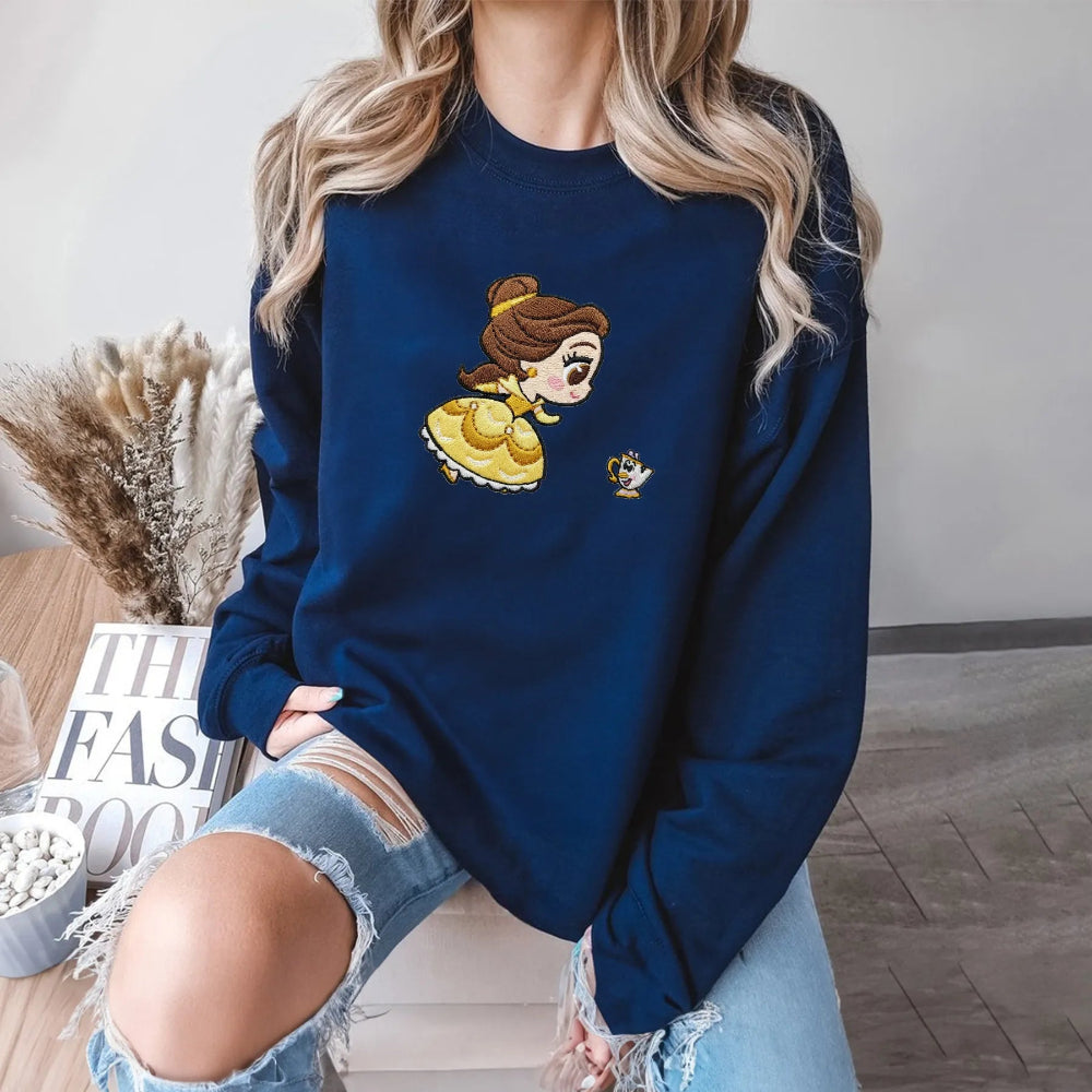 Navy Embroidered Shirt With Beauty And The Beast Design