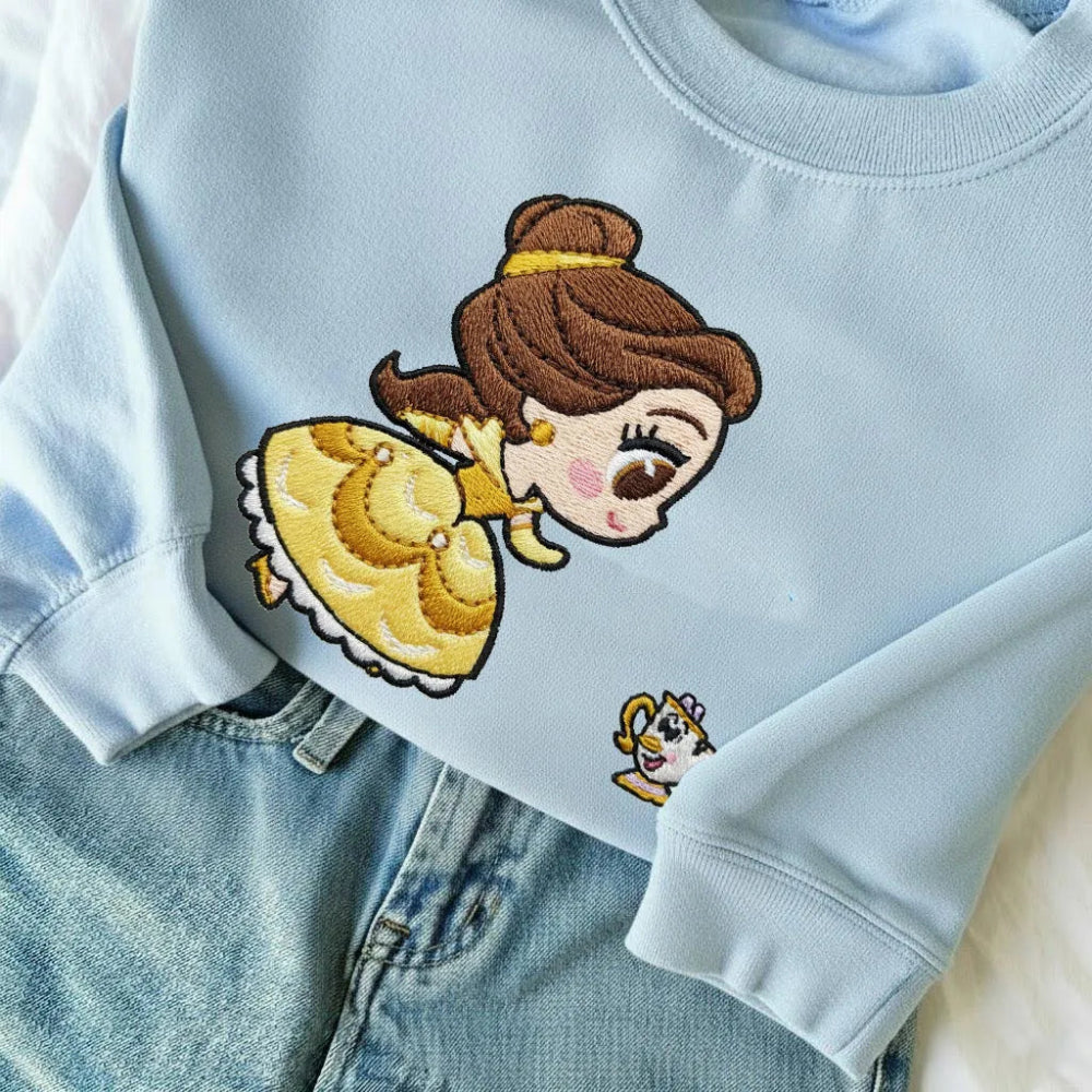 Light Blue Sweatshirt Displaying Princess Belle And Chip Undersea Style