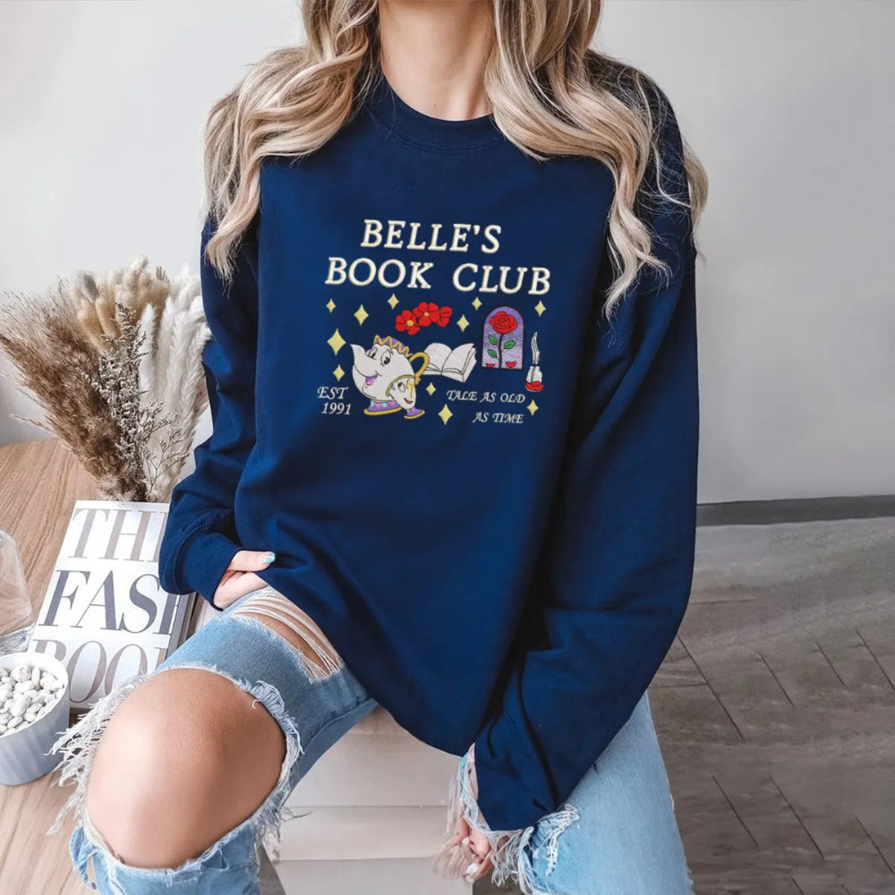 Navy Oversized Sweatshirt Worn By Woman With Magical Teapot Graphic