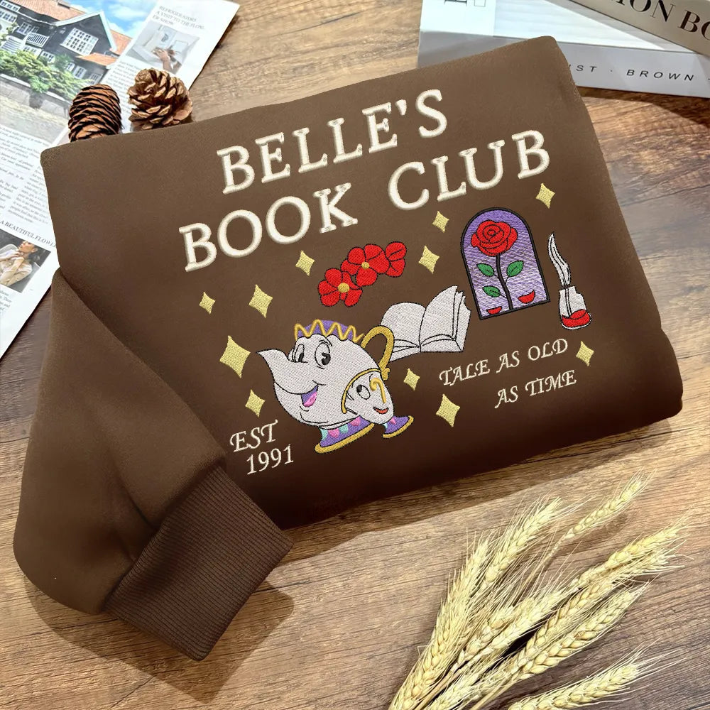 Dark Chocolate Hoodie Showing Embroidered Lumiere Candle, Book Club Text