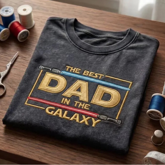 Washed T-Shirt Showing The Best Dad In The Galaxy Embroidery