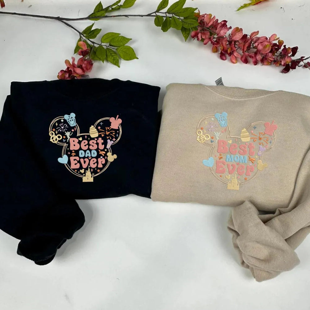 Black, Beige Sweatshirts With Embroidered Best Dad, Mom Mickey Icons