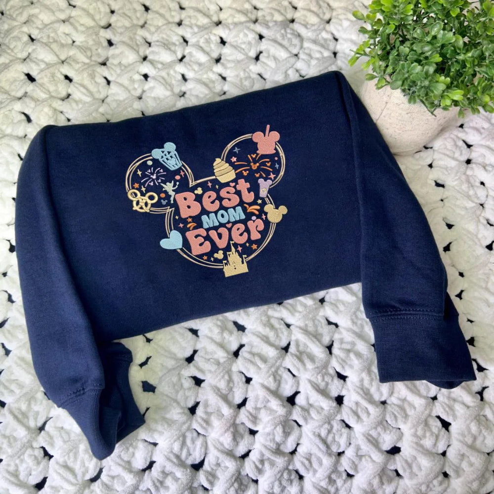 Navy Sweatshirt Featuring Embroidered Best Mom Ever Mickey Ear Motif