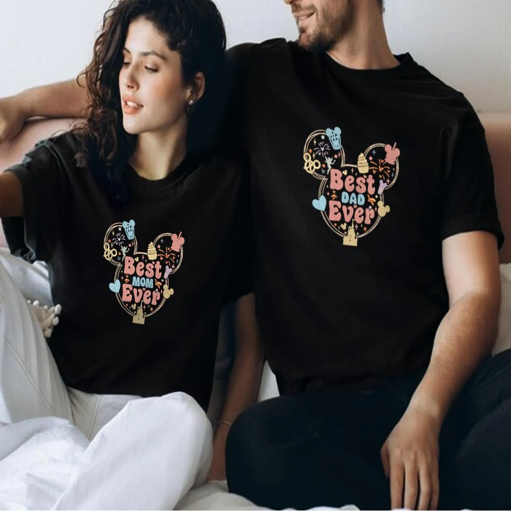 Couple Wearing Matching Black Best Dad And Mom Embroidered T-Shirts