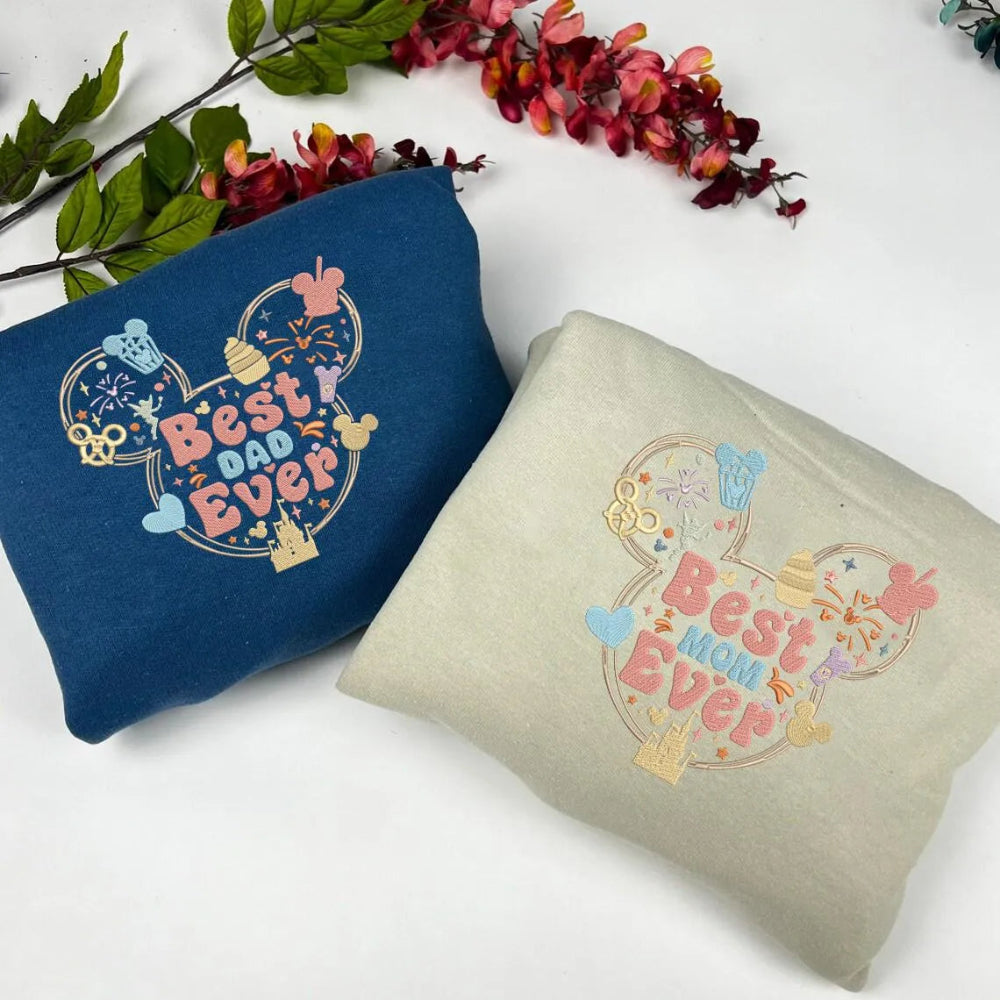 Navy And Beige Sweatshirts With Embroidered Best Dad, Mom Mickey 
