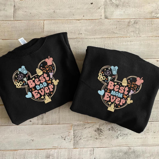 Folded Black Sweatshirt With Embroidered Best Dad, Mother Ever Mickey