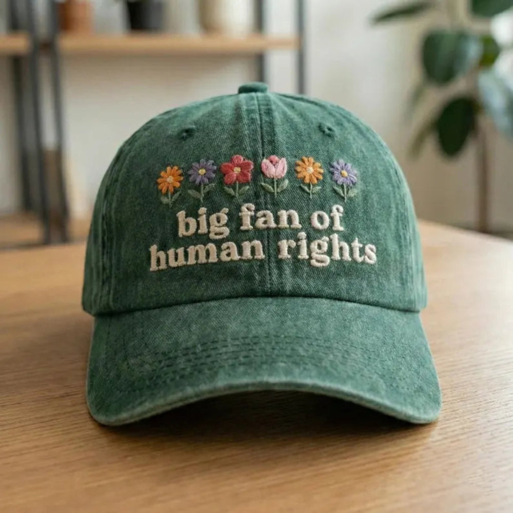 Charming Human Rights Fan Embroidered Cap Green Soft Cotton Breathable