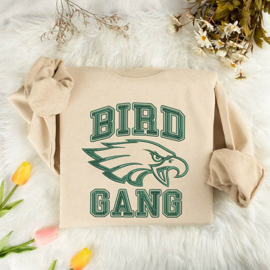 Sand Sweatshirt With Bird Gang Eagles Embroidered On Fuzzy Surface