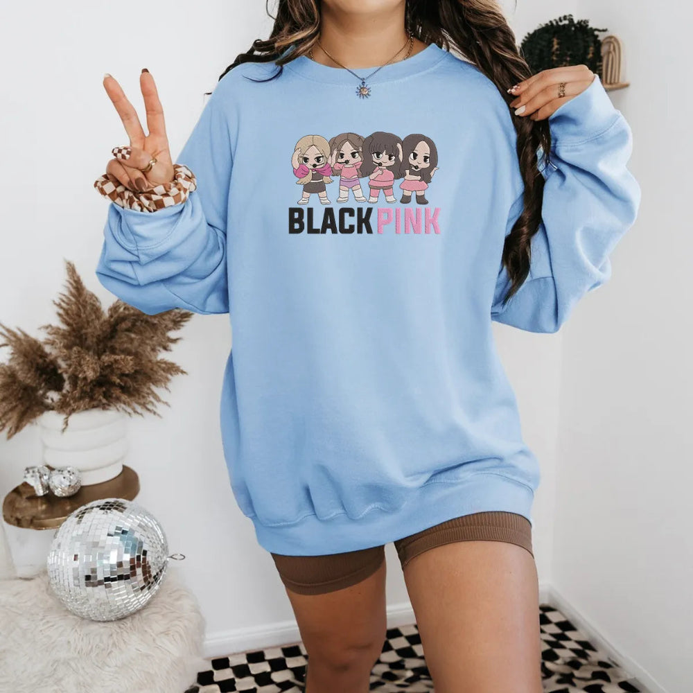 Light Blue Oversized Sweatshirt Displaying Playful Chibi Blackpink Girls